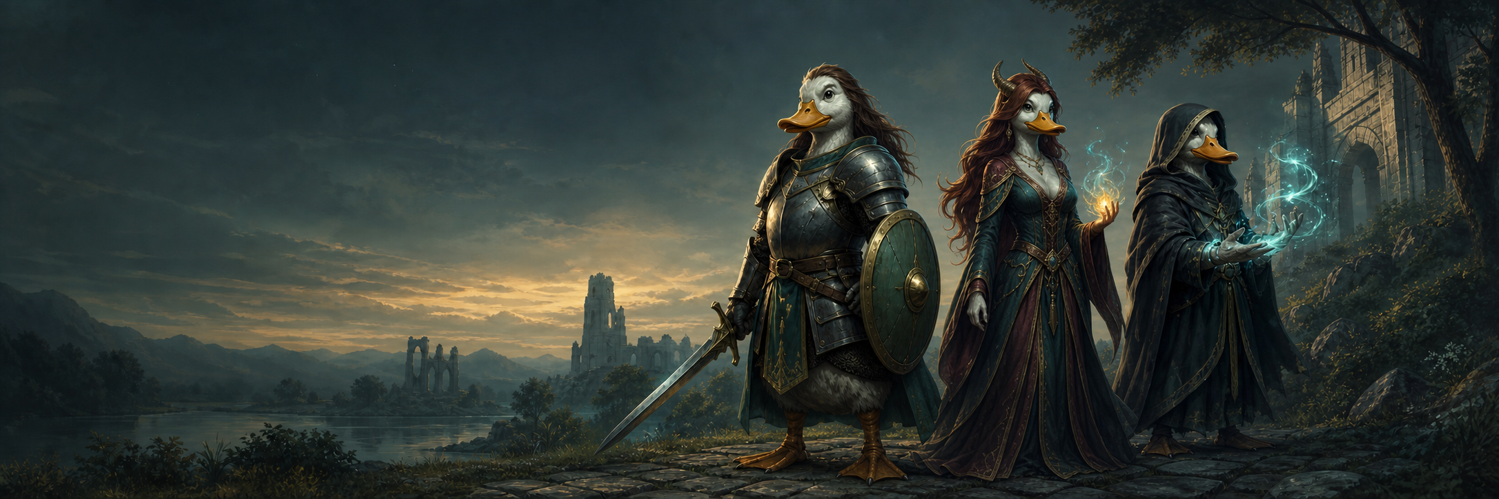 Un canard chevalier, une cane succube et un canard sorcier dans un paysage fantasy